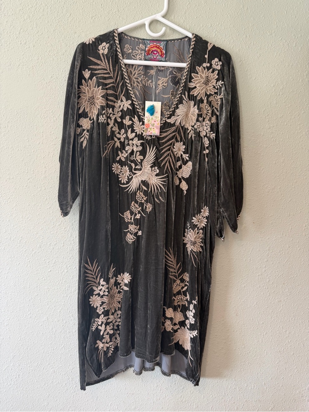 NWT Johnny Was Othilia Velvet Embroidered Crane Kimono Tunic Dress Size L